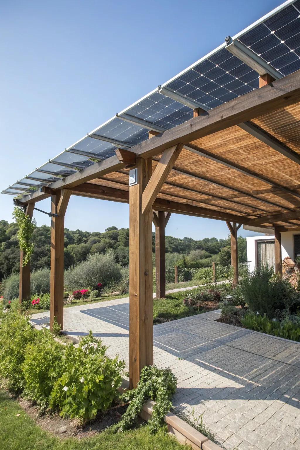 Solar panels on a pergola provide sustainable energy for an eco-friendly design.