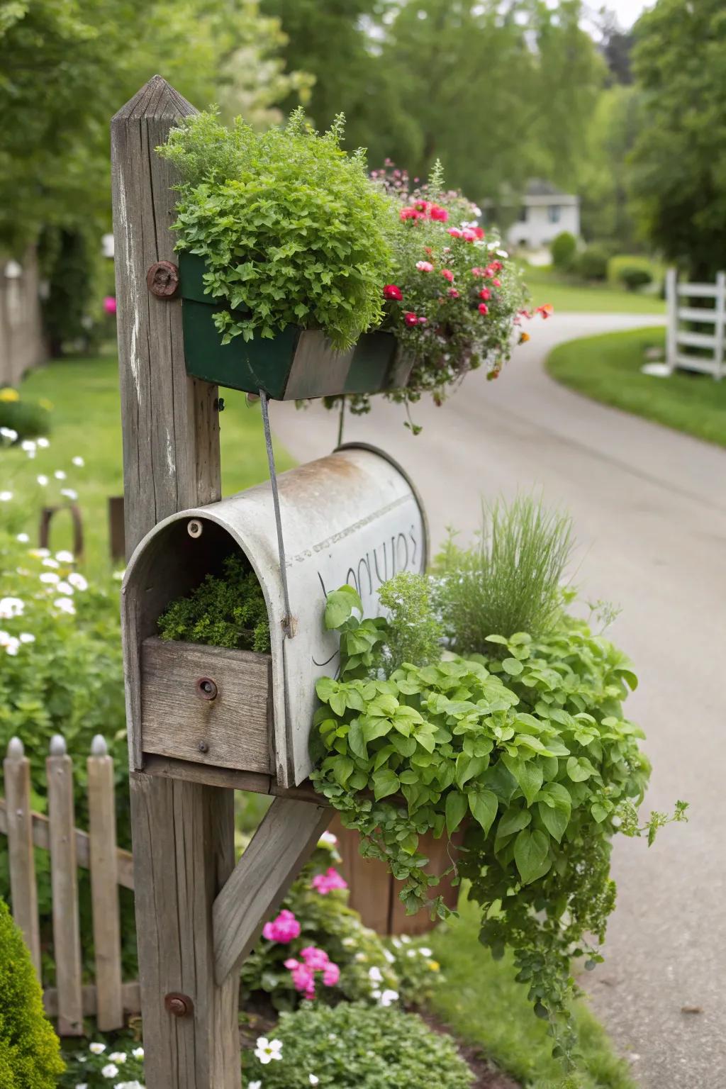 Hanging herb planters offer beauty and functionality to your mailbox post.