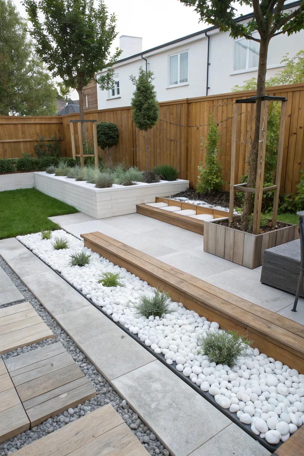 Experiment with mixed materials for a modern garden flair.