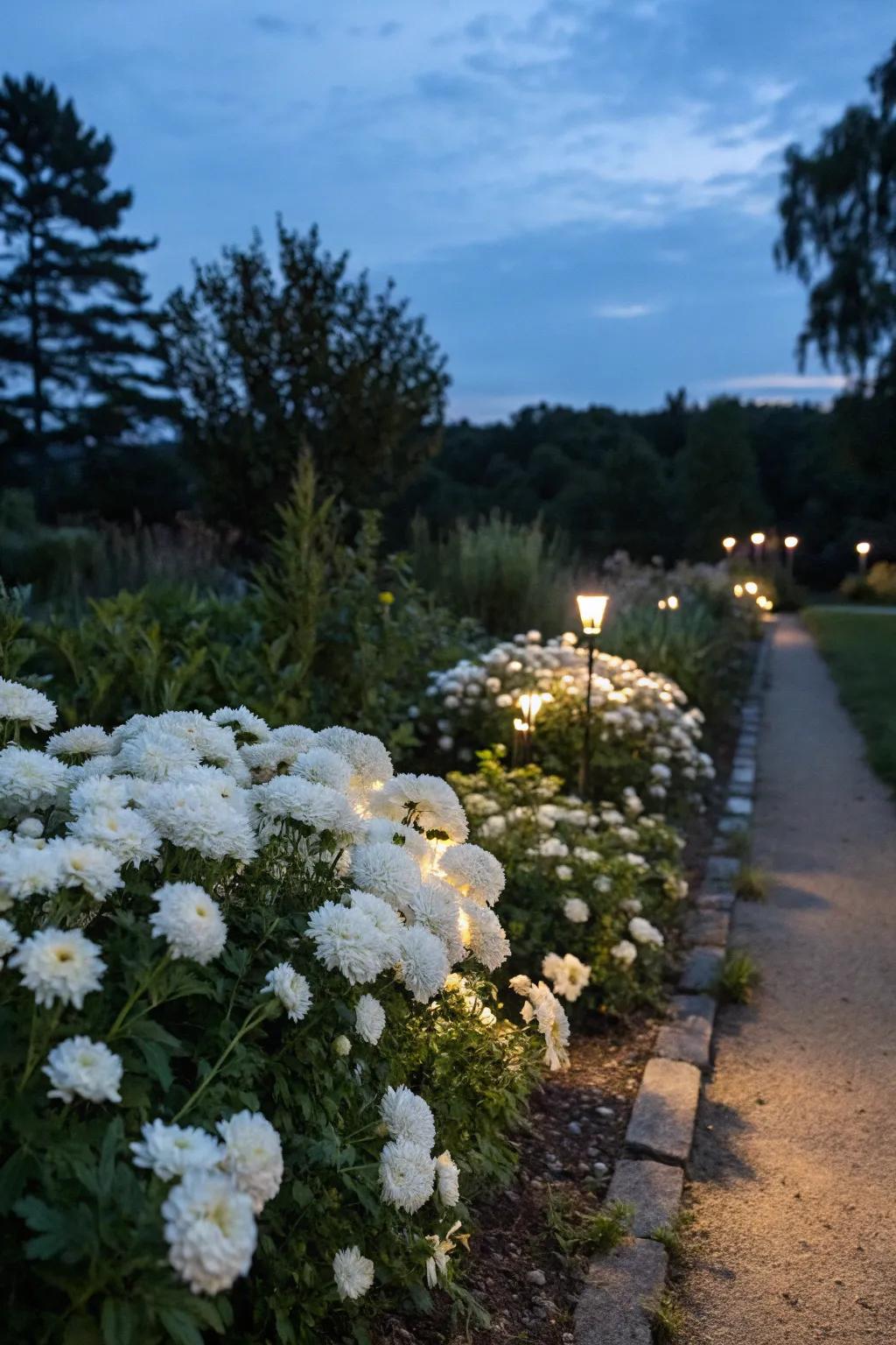 A moonlit garden border with glowing white marigolds.