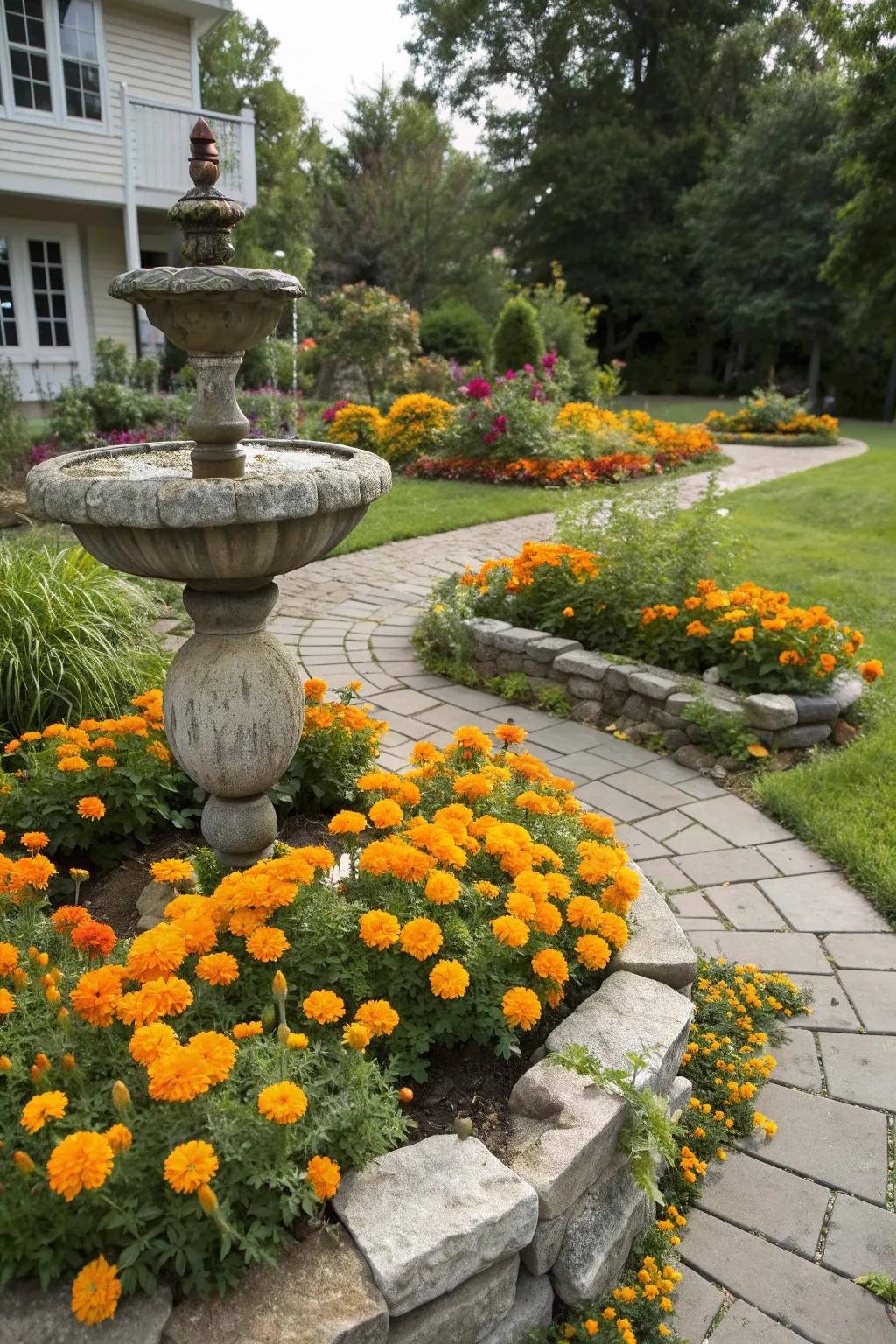 Marigolds provide a vibrant contrast around a stone garden feature.