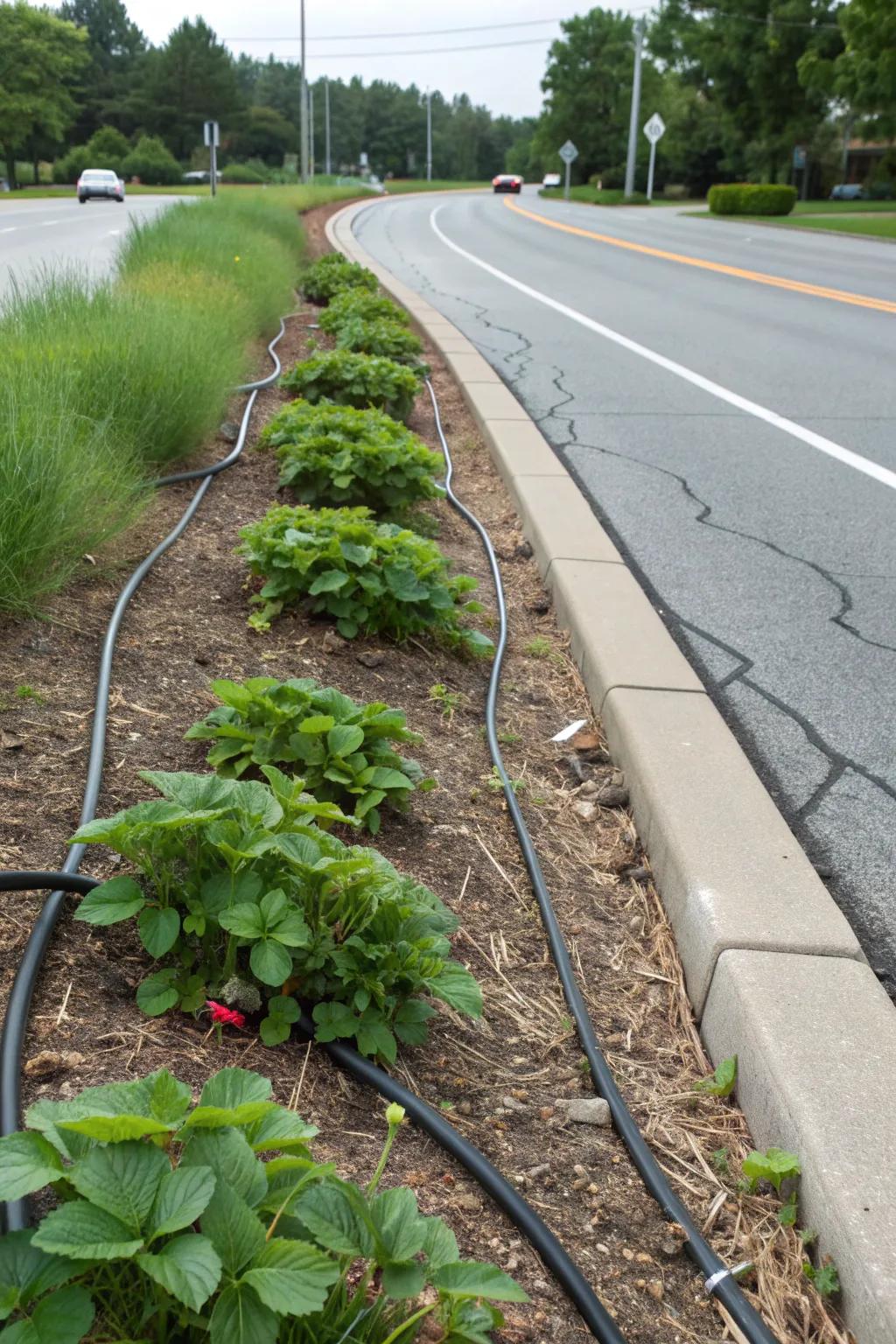 Drip irrigation keeps medians lush and water-efficient.
