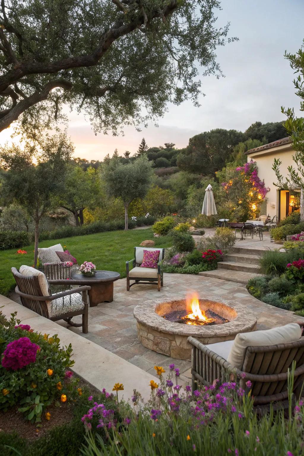 A fire pit creates a cozy gathering spot in the garden.