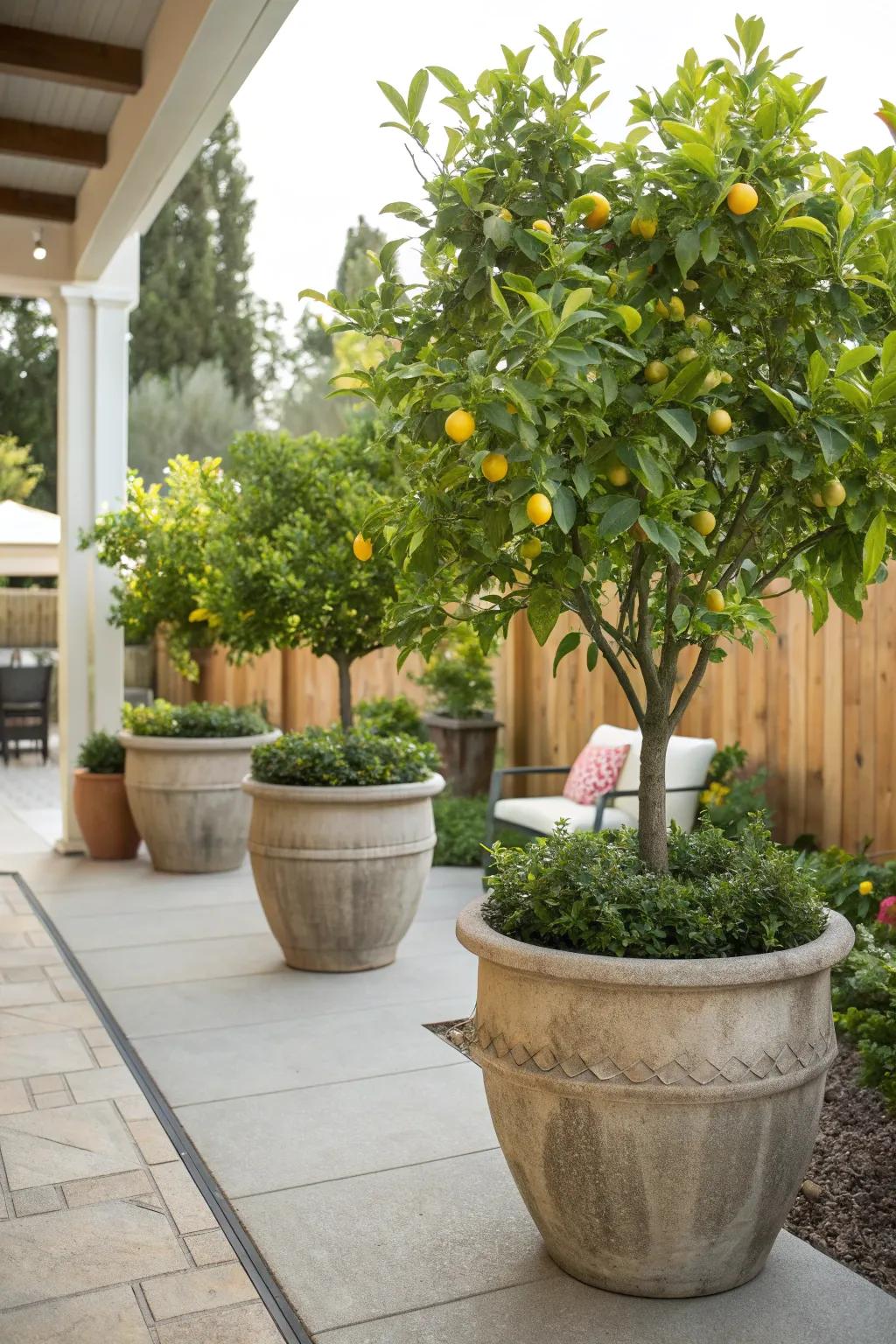 Citrus trees in pots add fragrance and freshness.