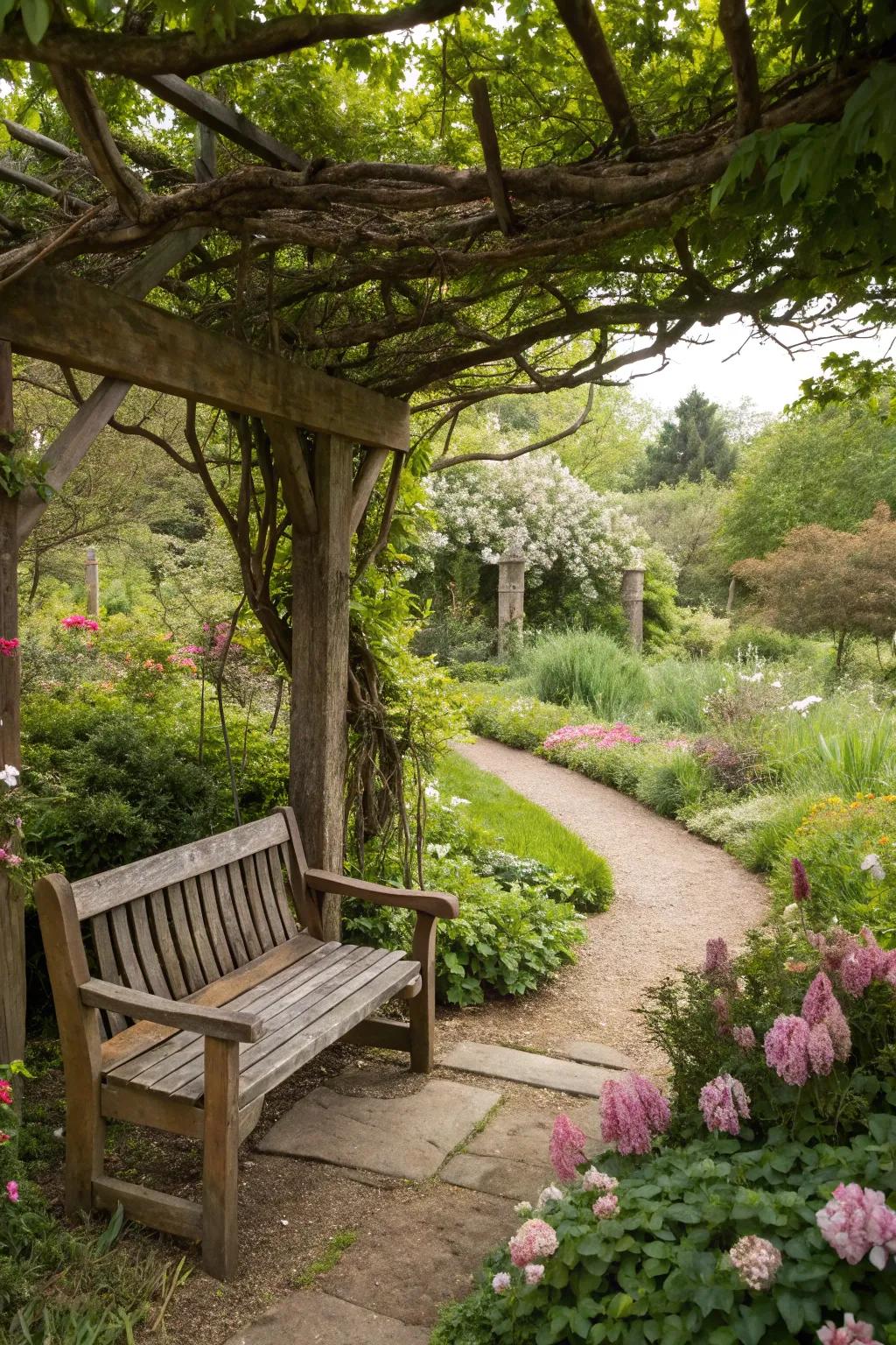 A rustic bench adds charm and a gathering spot.