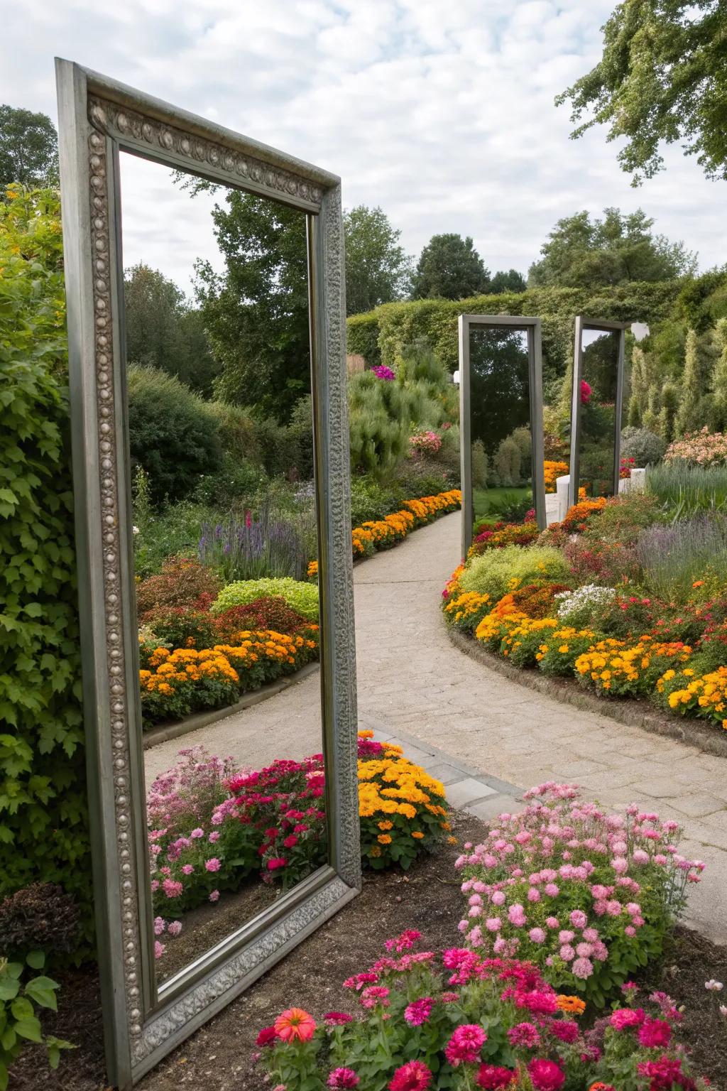 Reflective mirrors capture the beauty of garden blooms.
