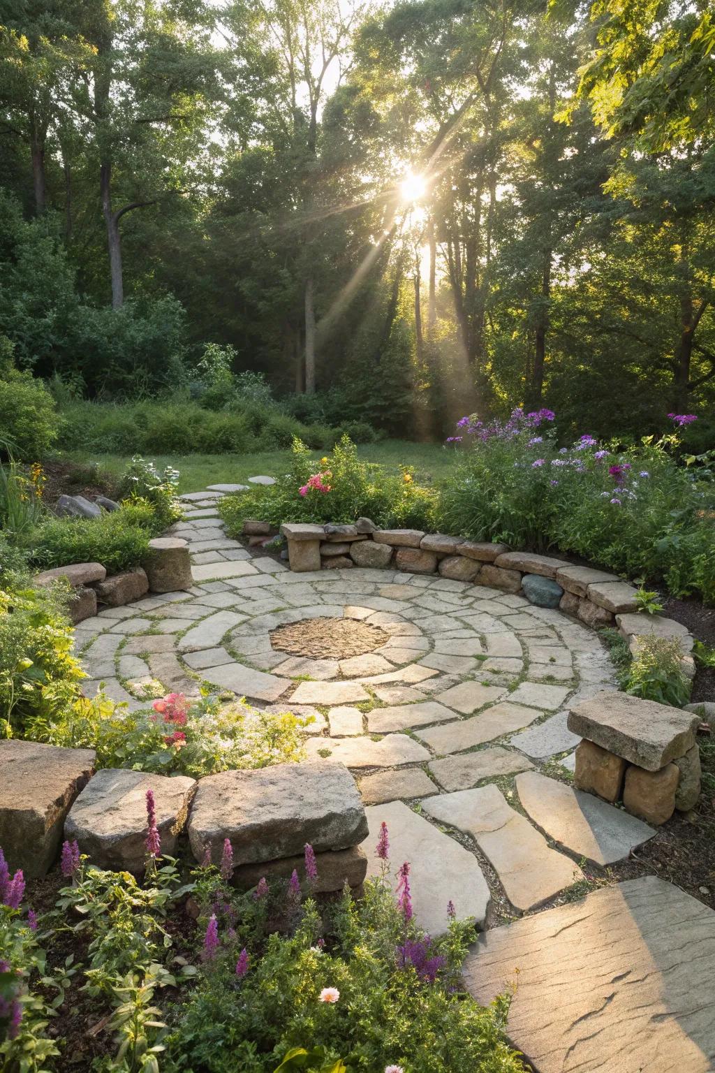 A sunlit circle of stones creates a communal space for remembrance.