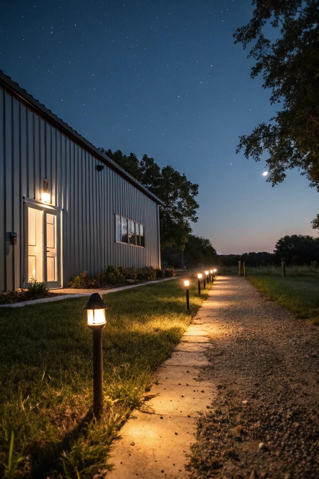 Enchanting path lighting leading to a metal barn.