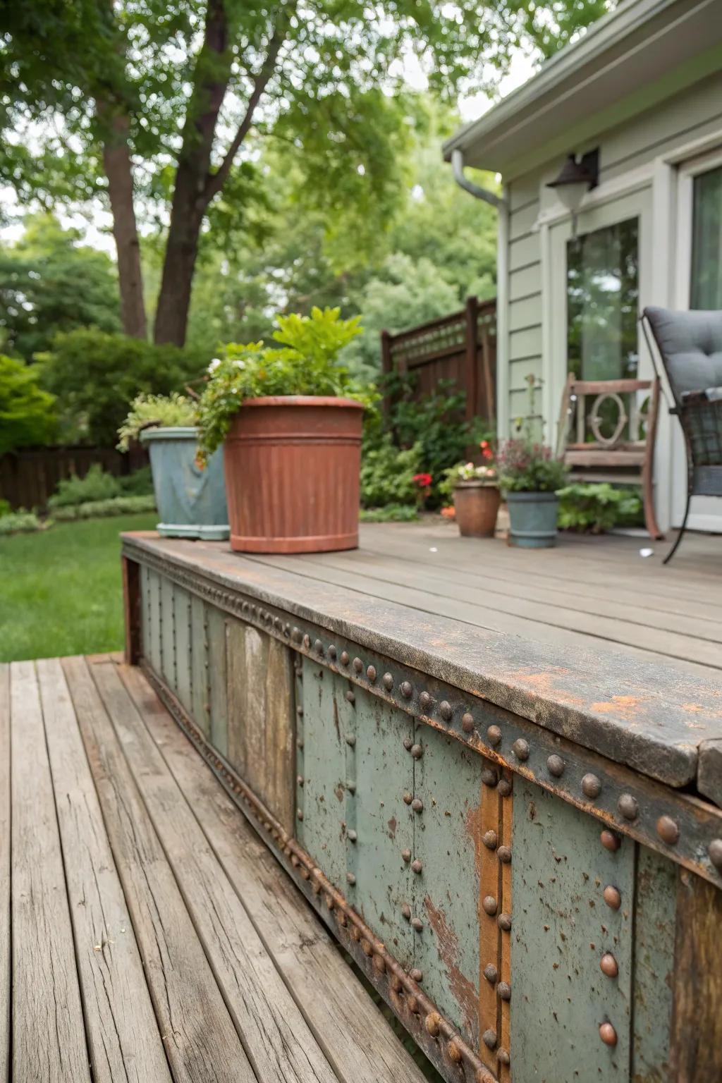 Weathered metal skirting adds vintage charm and character to this deck.