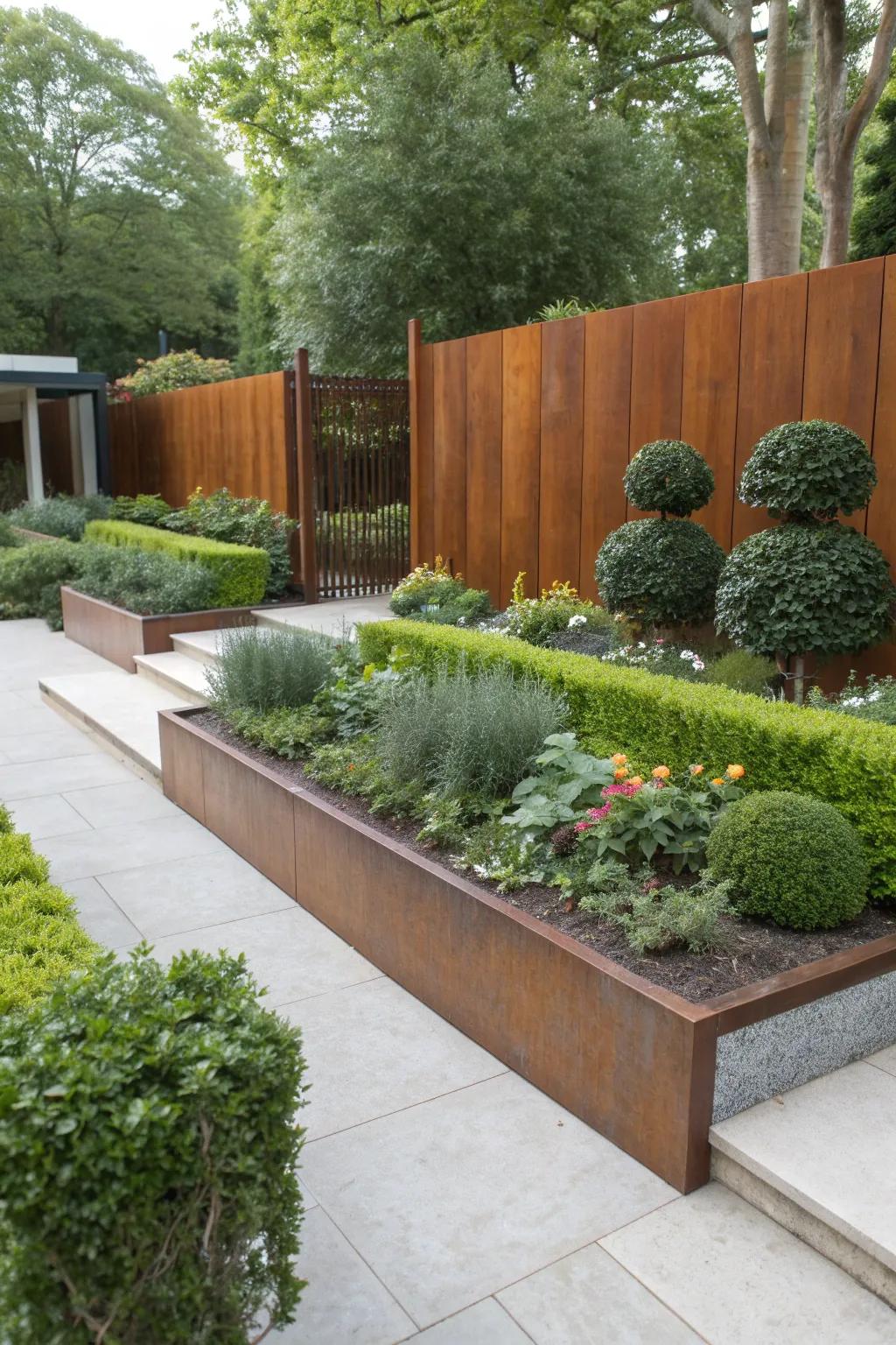 Corten steel fences add drama and warmth to gardens.