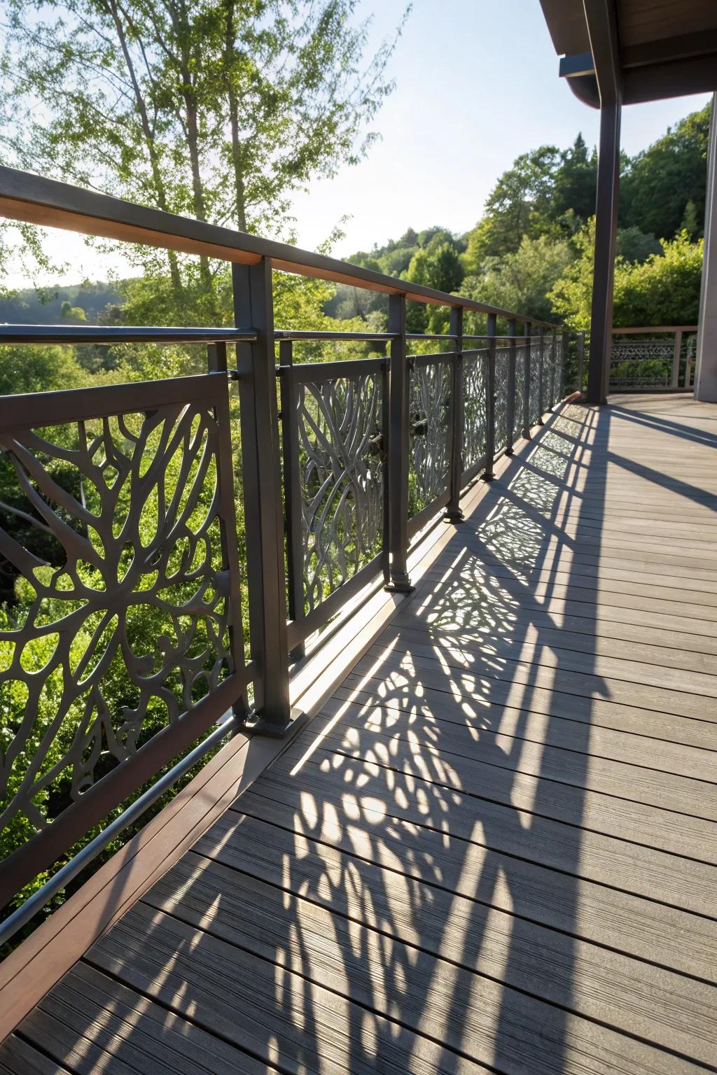 Artistic cut-out designs on metal railings for a unique deck.