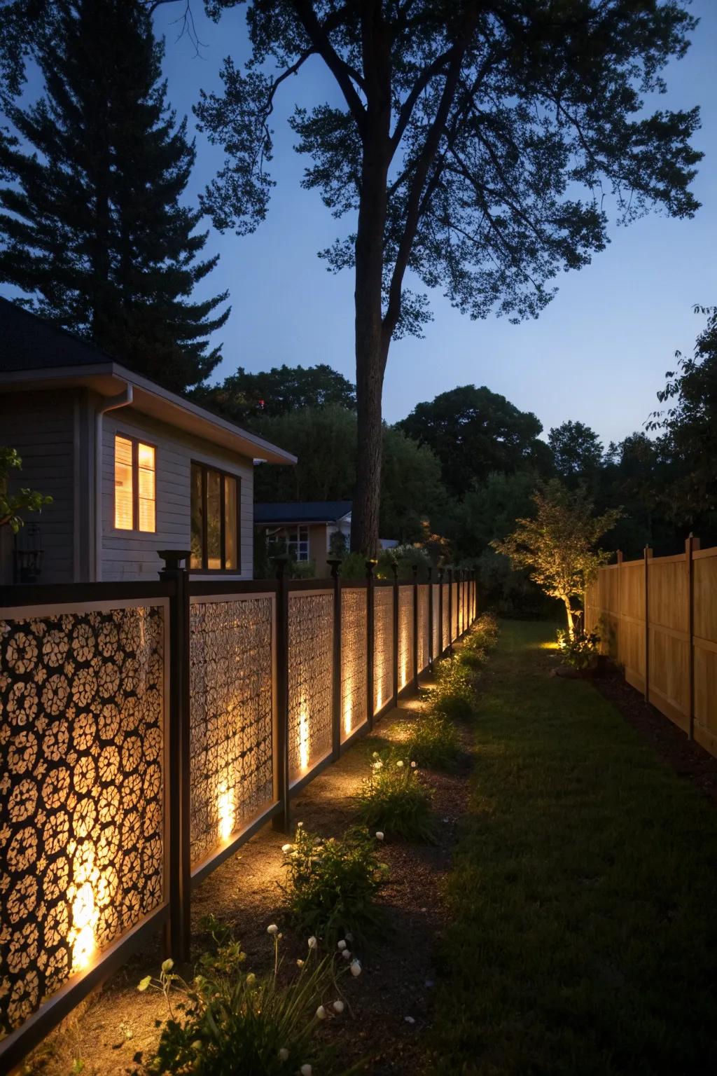 Captivating nighttime ambiance with illuminated metal panels.