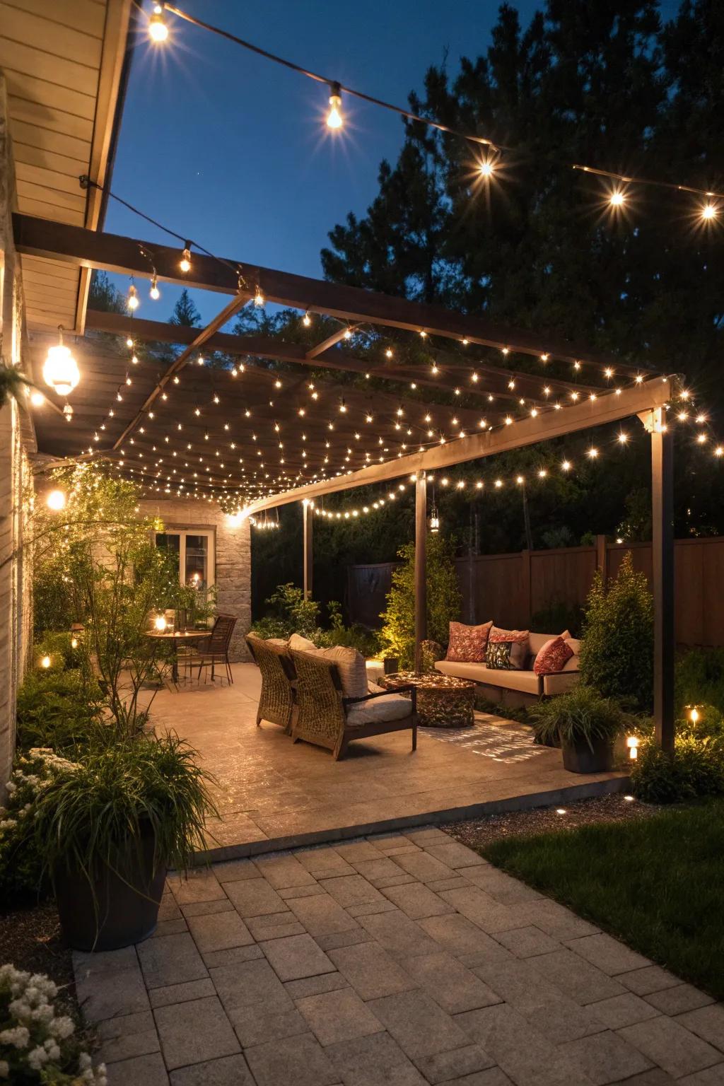 Metal string lights casting a festive and enchanting glow over this patio.