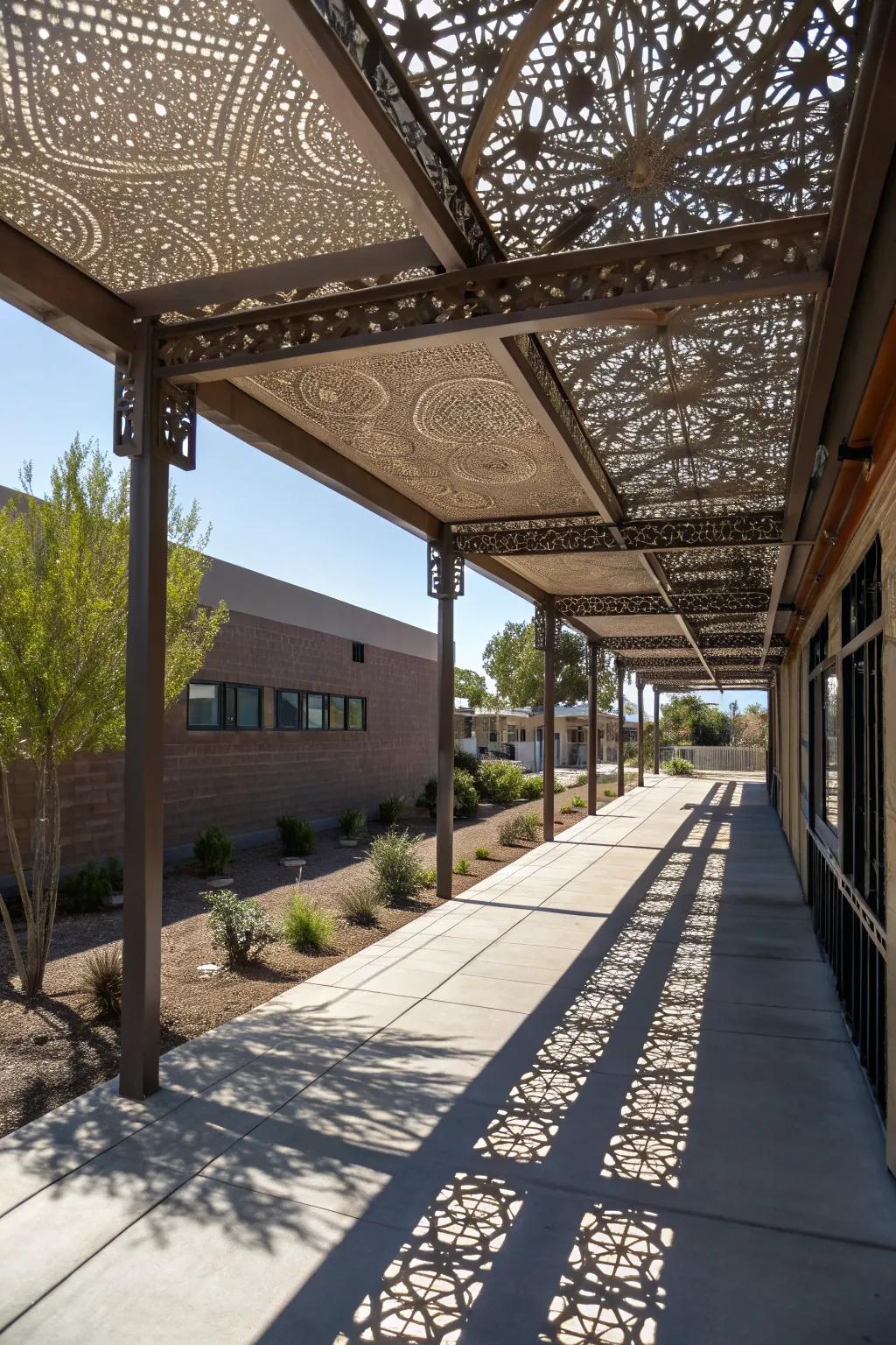 Laser-cut awning adds artistic detail.