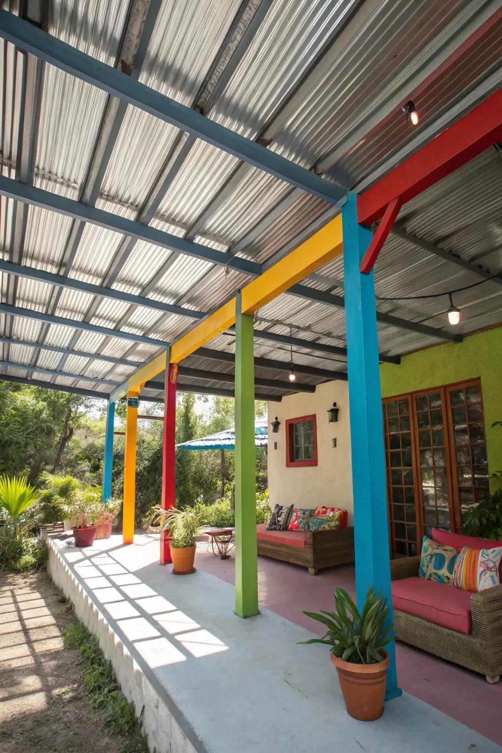 A vibrant patio with a pop of color under a metal roof.