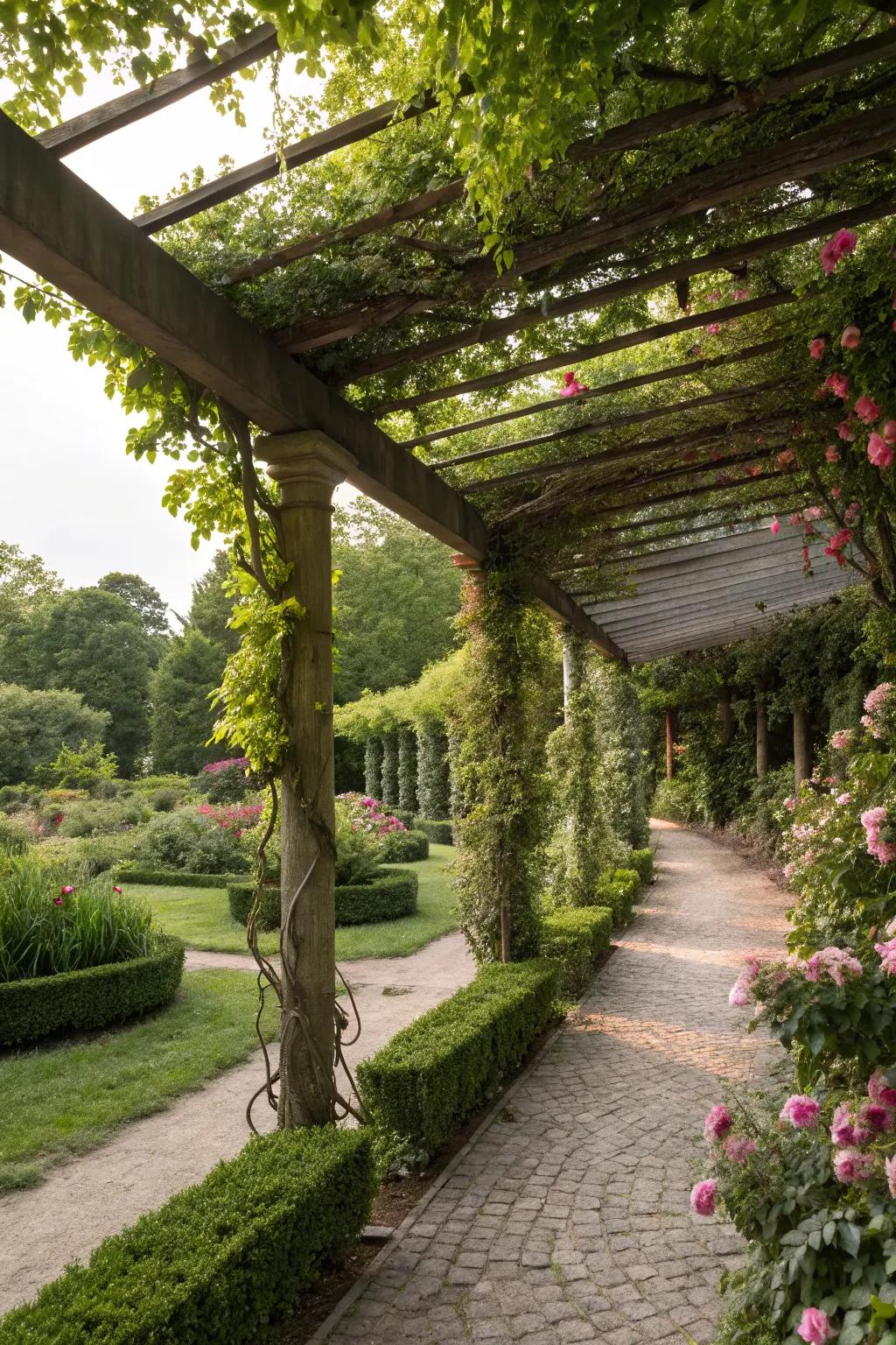 Hanging plants add lush, vertical interest.