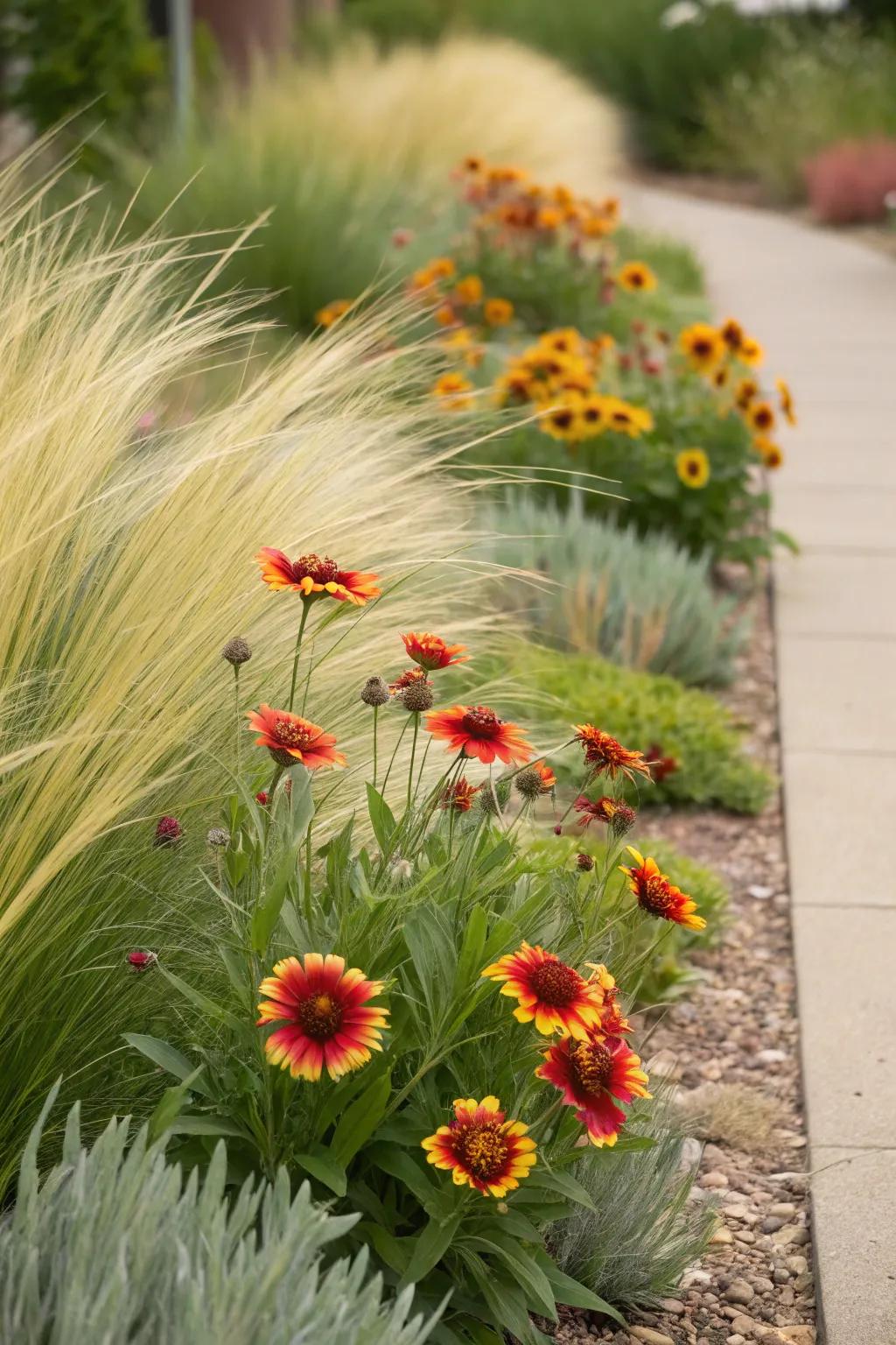 Gaillardia adds a fiery glow to Mexican feather grass.