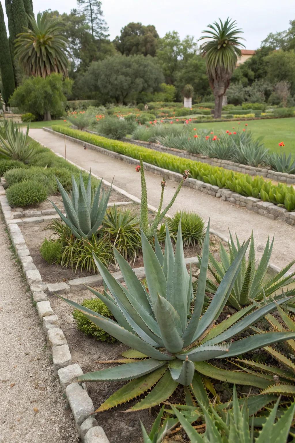Architectural plants like aloe and yucca creating striking visuals.