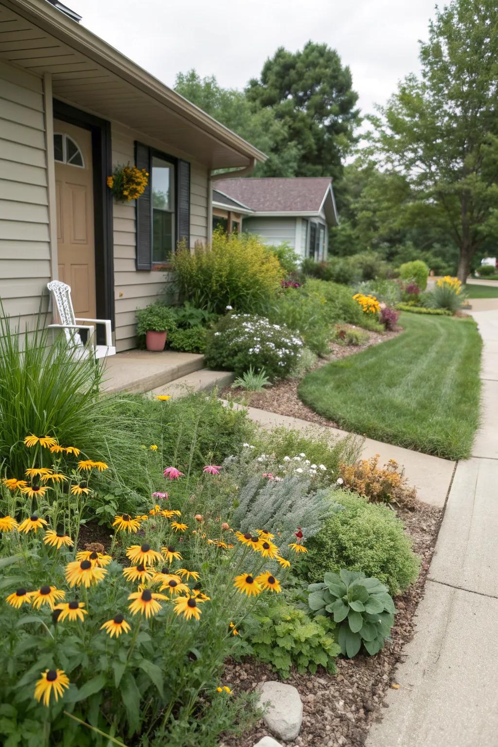 Sustainable plants provide an eco-friendly and low-maintenance option for this Midwest front yard.