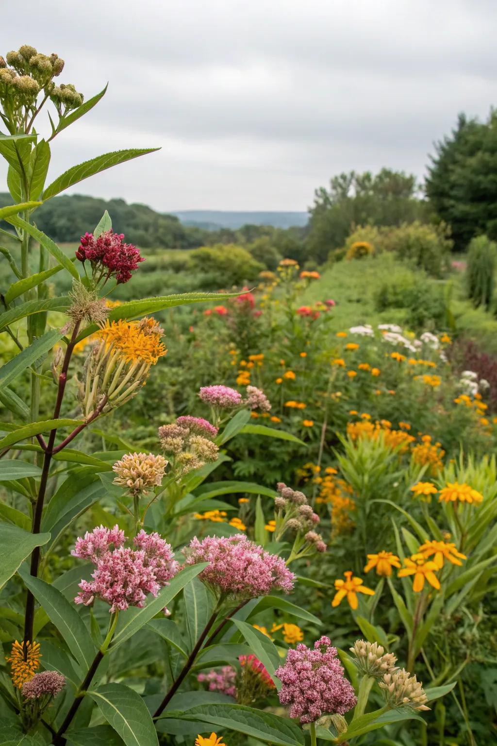 Seasonal displays with milkweed create an evolving garden.