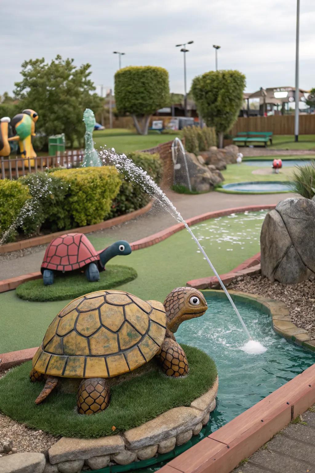 A whimsical mini golf course enhanced with charming animal sculptures.