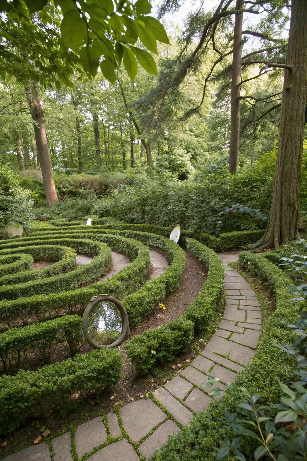 Mirrors add a whimsical and reflective quality to this playful labyrinth.