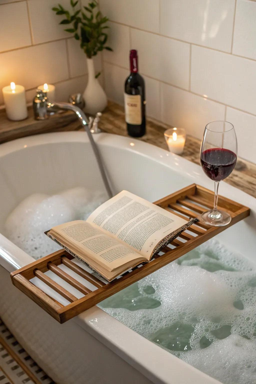 A bath caddy adds a touch of luxury to your soak.