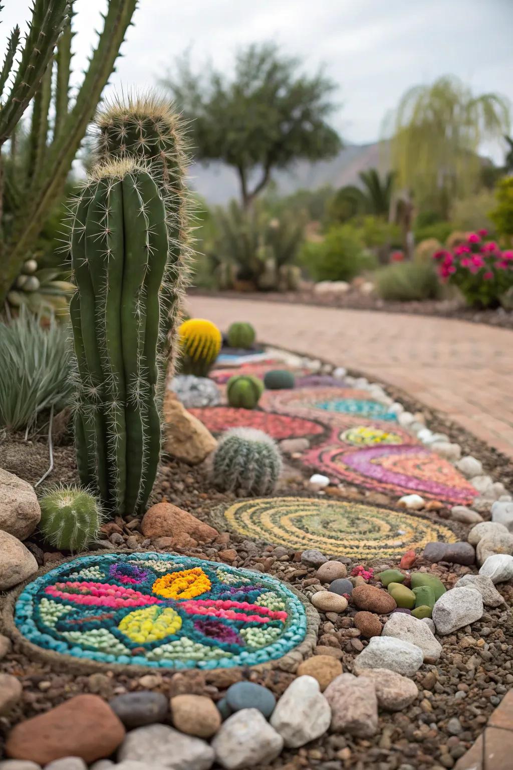Colorful stones adding a playful element to the cactus garden.