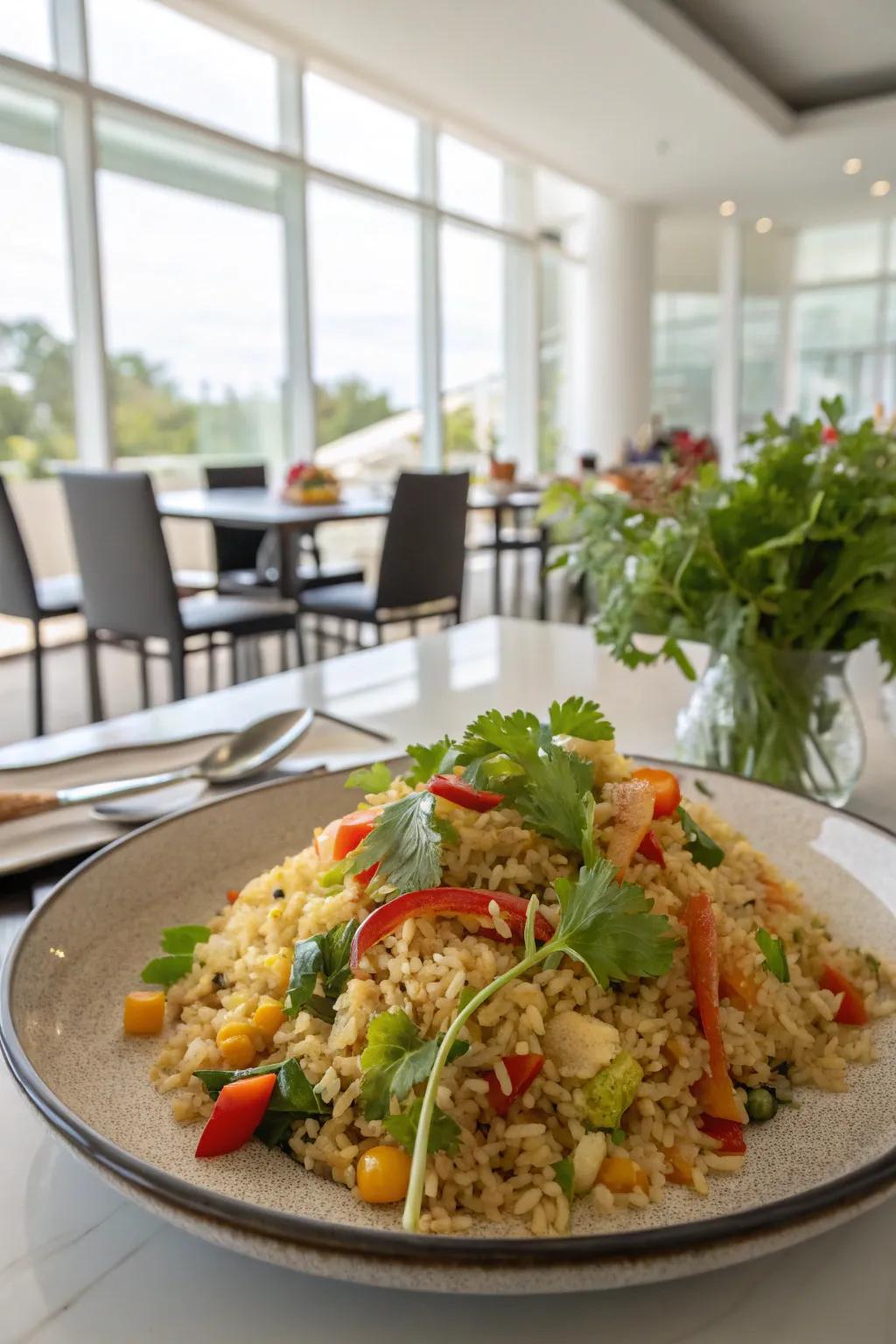 A hearty serving of stir-fried rice with mixed veggies.