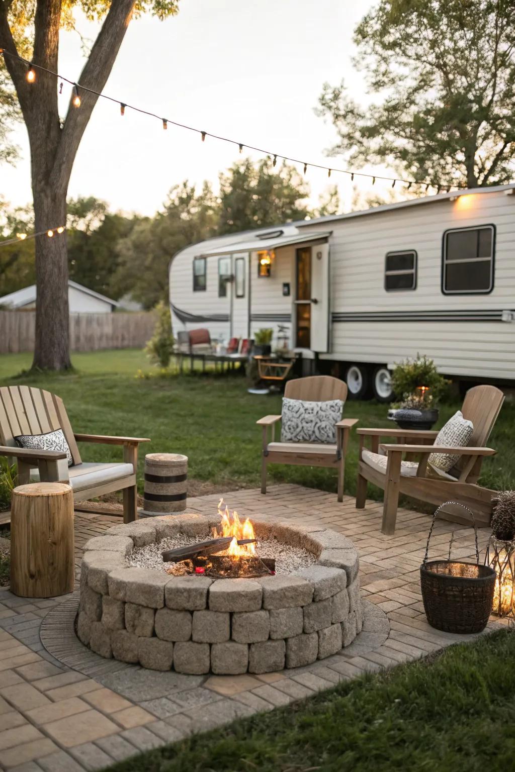 A fire pit creates a cozy and inviting outdoor gathering space.