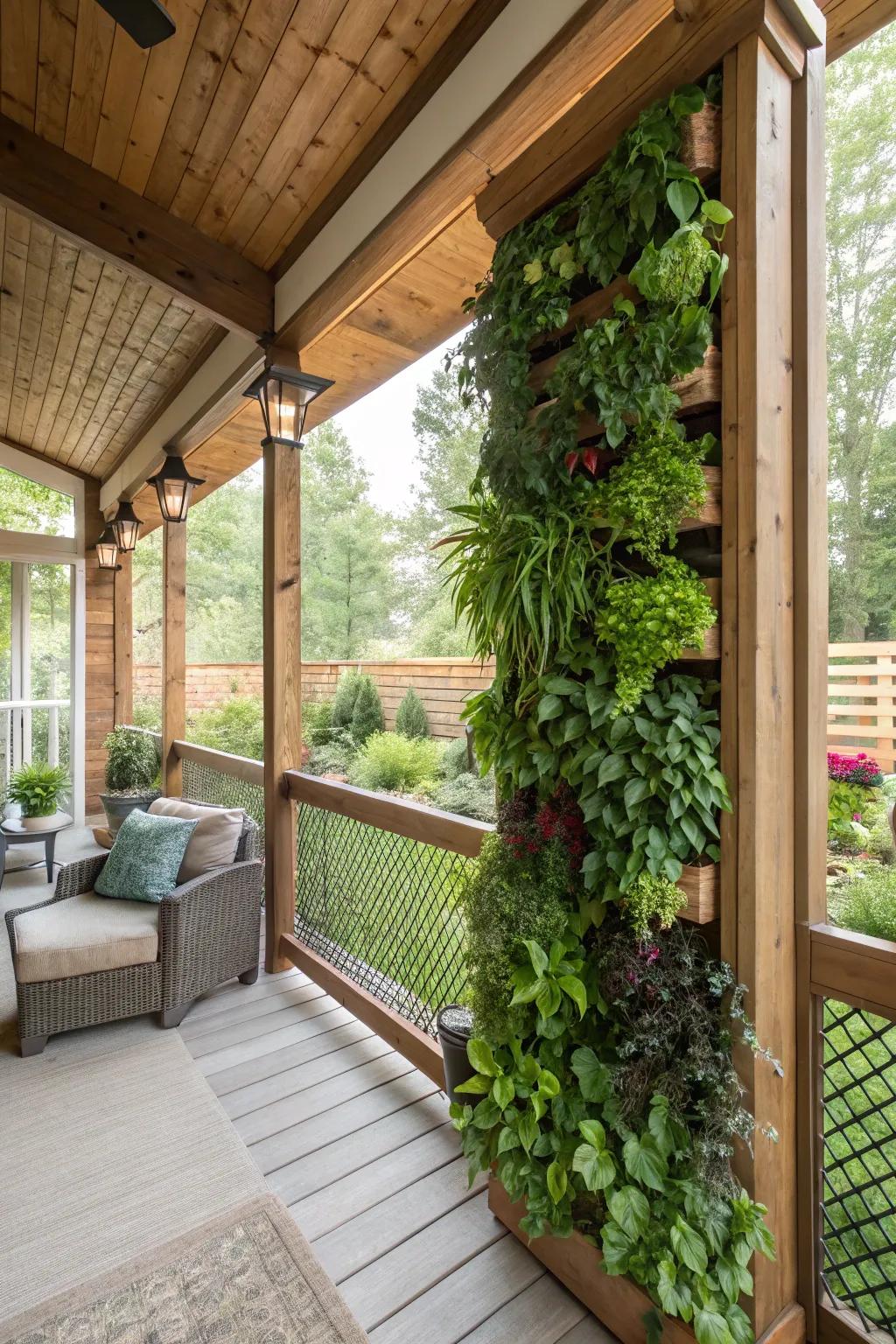 A vertical garden providing a lush, green touch to the porch.