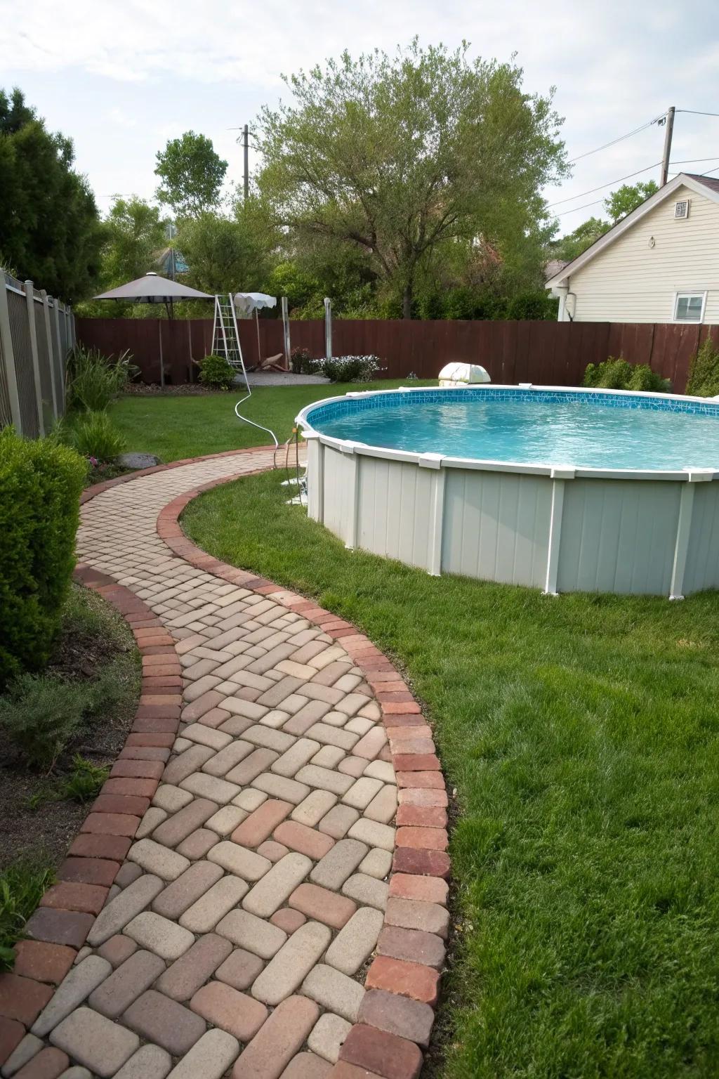 A charming brick walkway around this above-ground pool keeps feet clean and adds character.