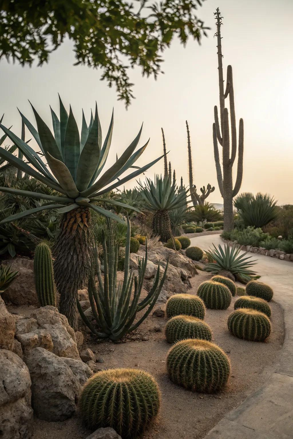 Agave and cacti create a dramatic desert contrast.