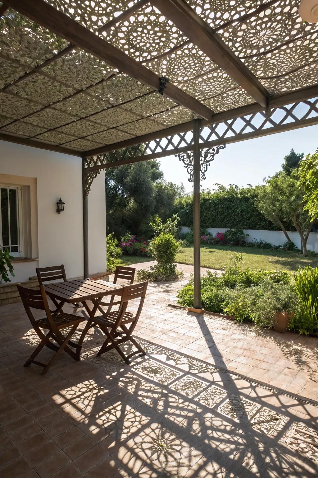 Patterned metal awnings create stunning shadow patterns for visual intrigue.