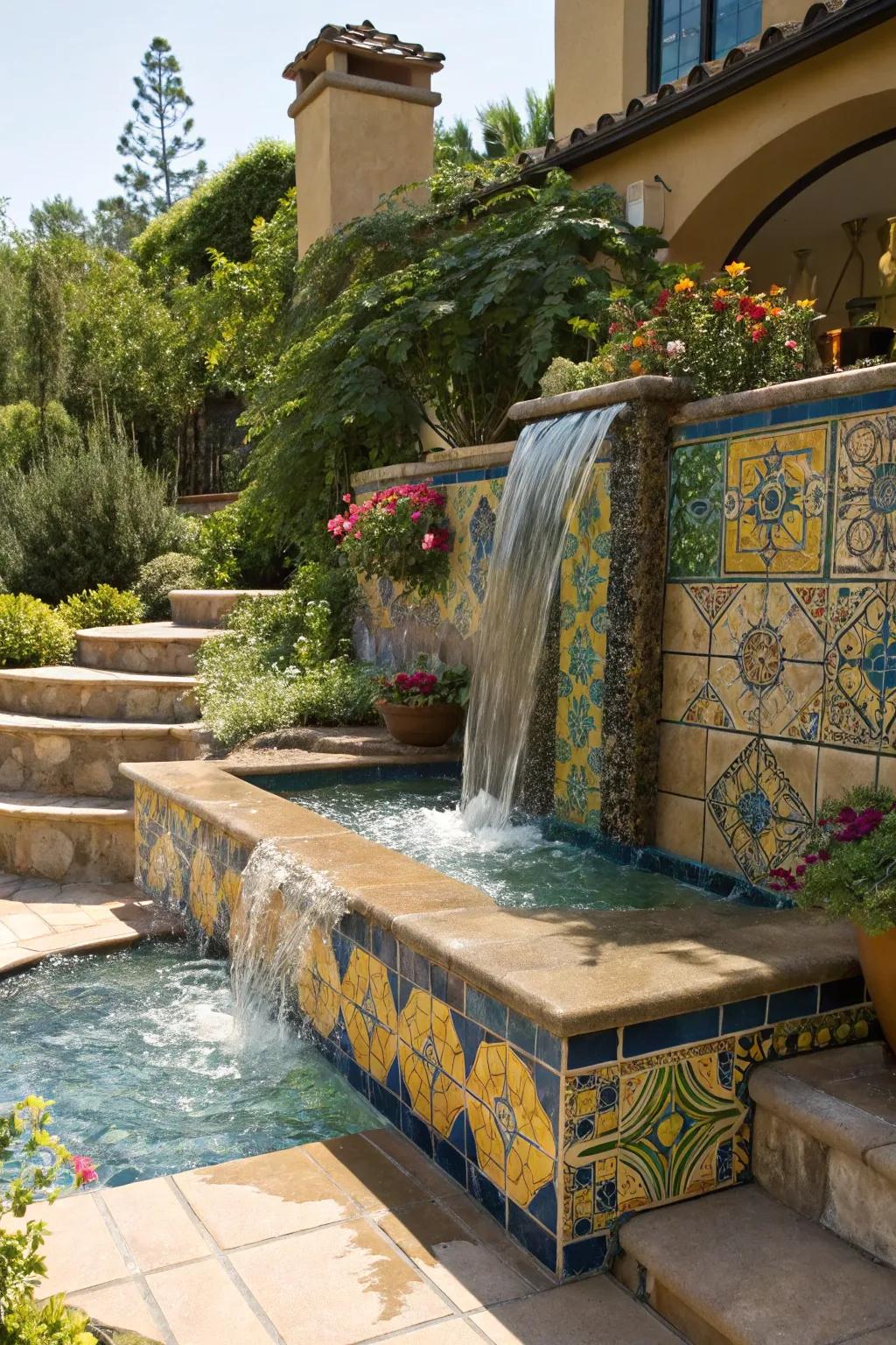 Colorful tiles bring a Mediterranean flair to your waterfall.