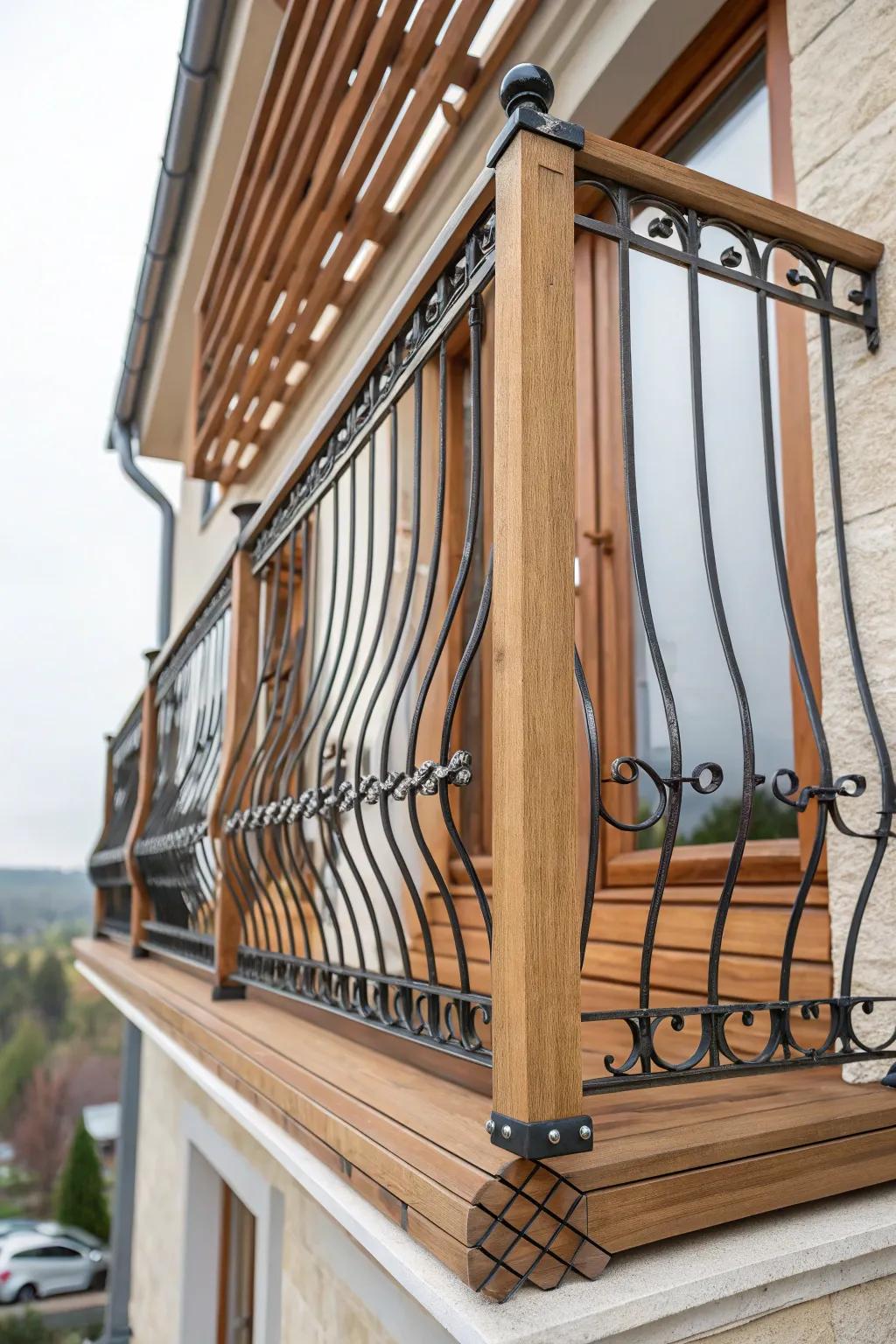 Mixed material balcony grill, combining wood and metal for a standout look.