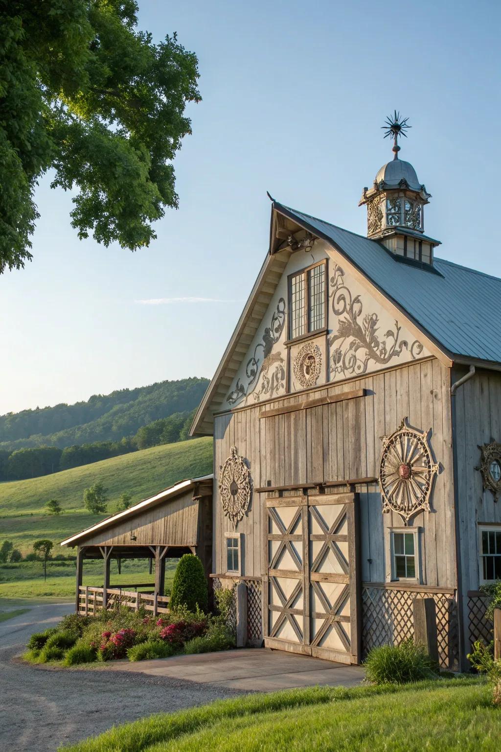 Customized elements add personal style and heritage to the barn house exterior.