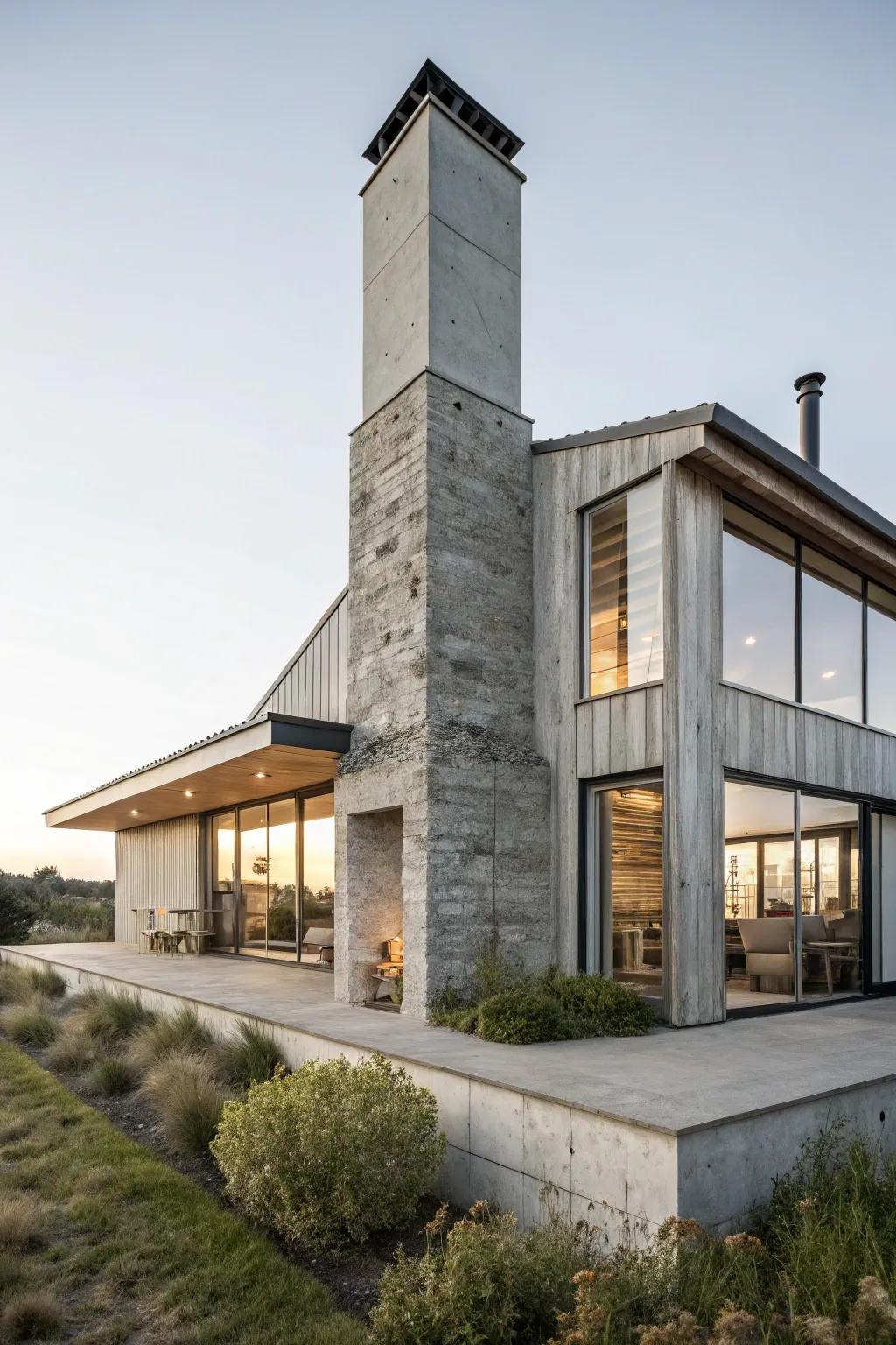Raw concrete provides an industrial chic appearance to the chimney.