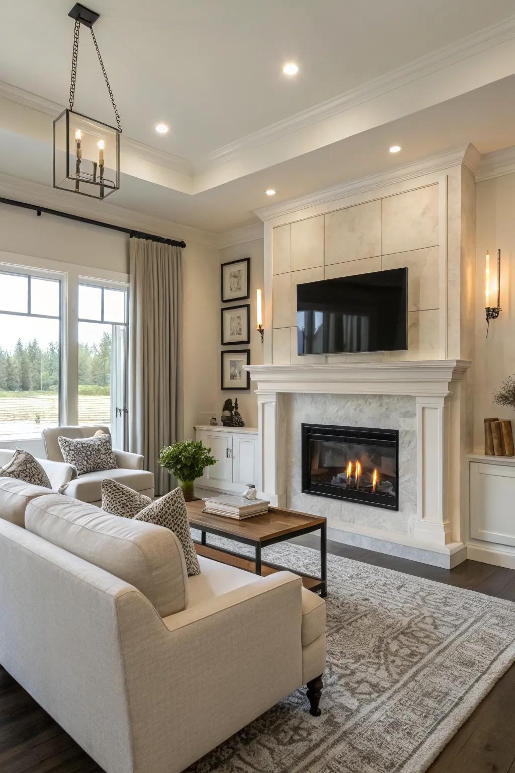 Neutral palette in a modern living room with a sleek fireplace.