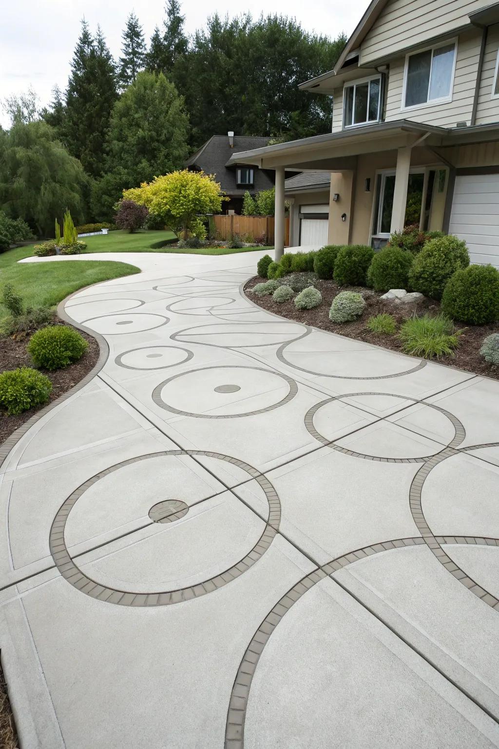 A driveway featuring circular sawcuts for unique patterns.