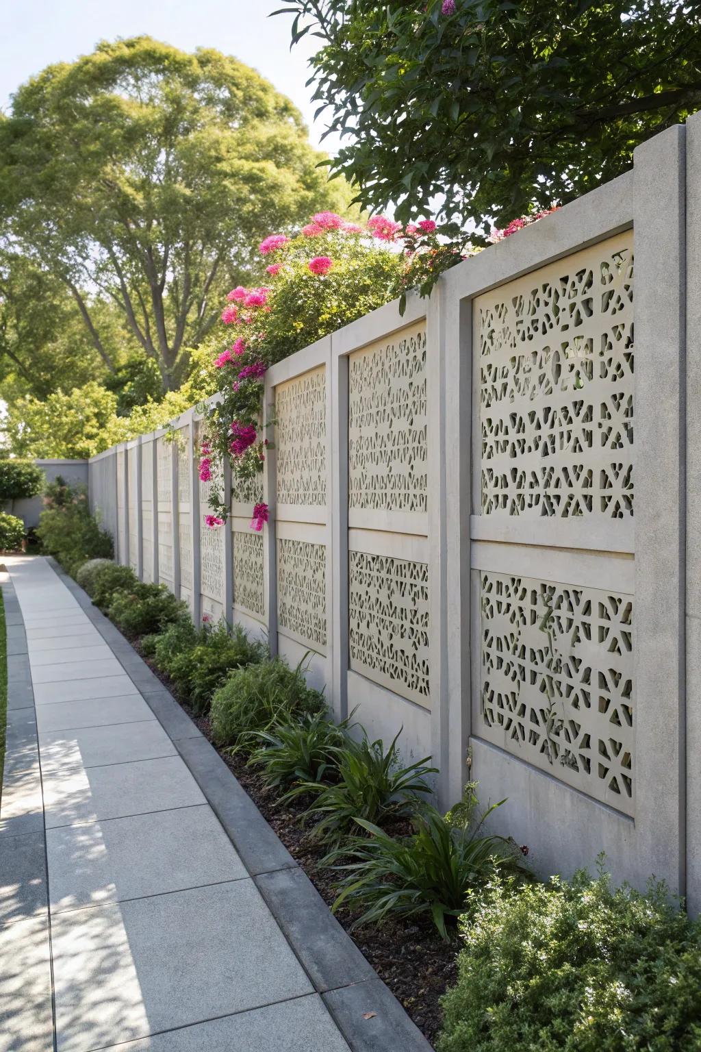 Perforated panels add texture and light play to concrete fences.