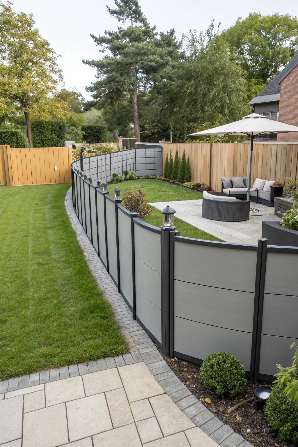 A customizable curved fence with modular panels, tailored to fit a modern backyard.
