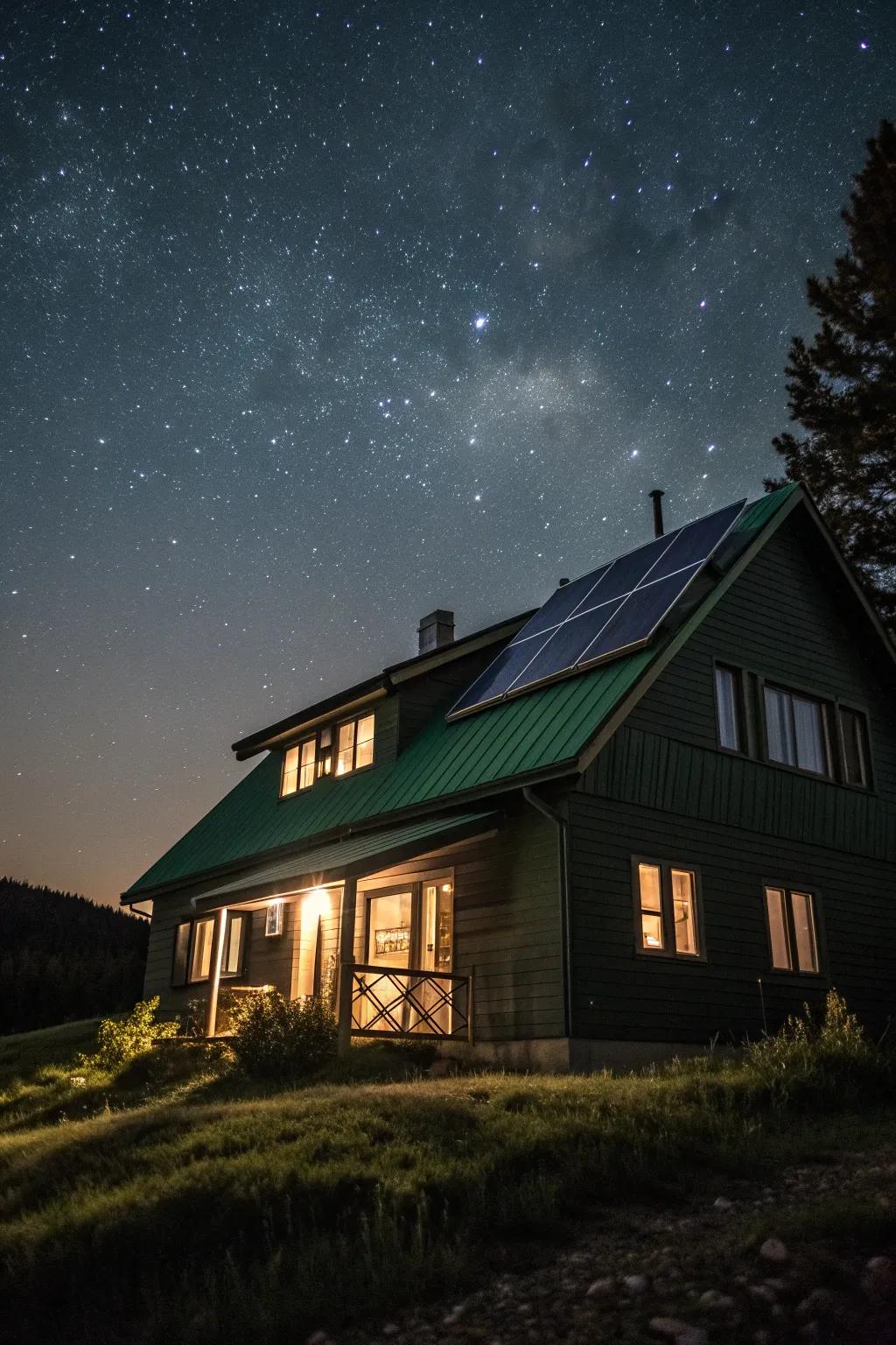 A modern dark house with eco-friendly features like a green roof.