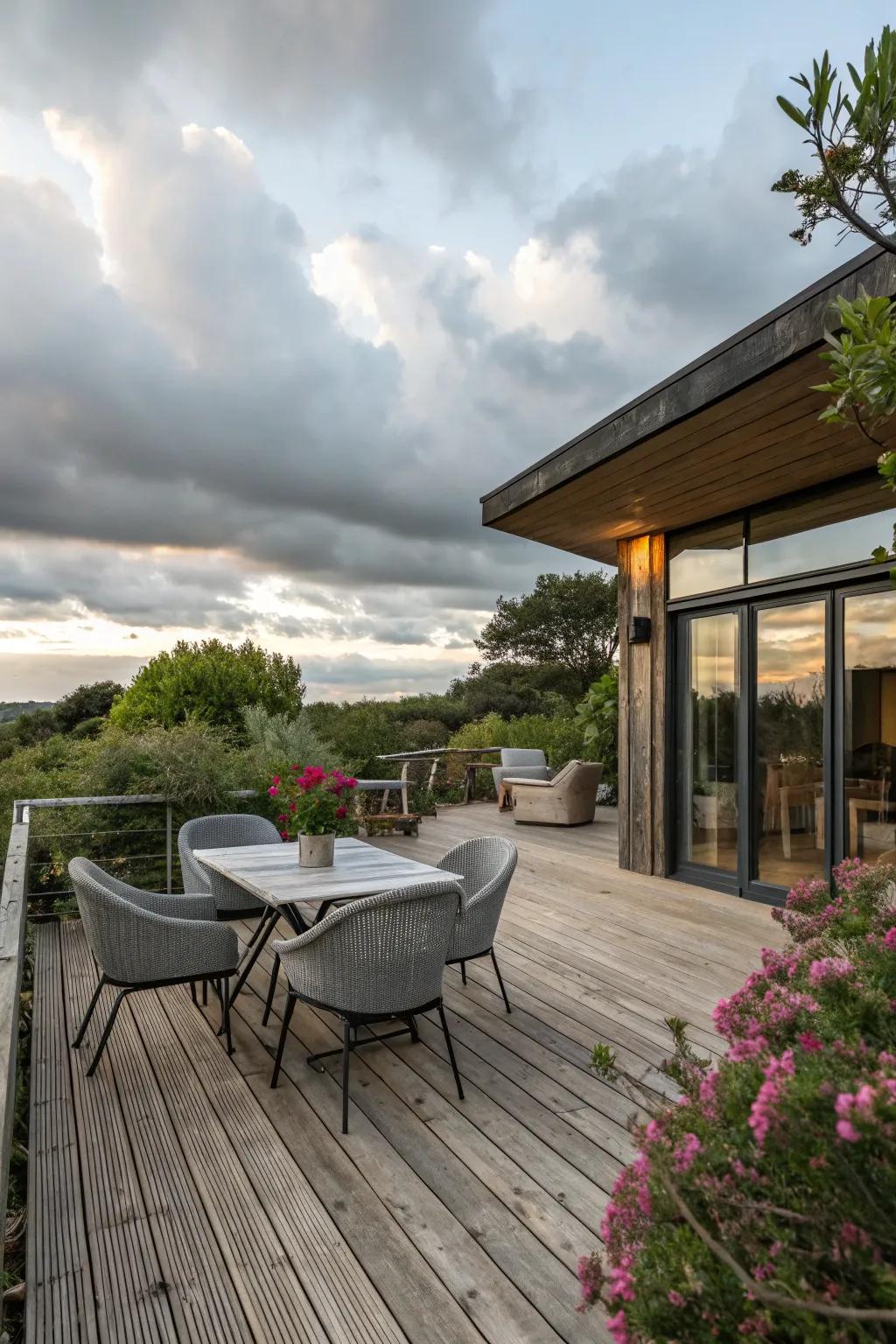 A blend of rustic and modern styles creates a harmonious design.