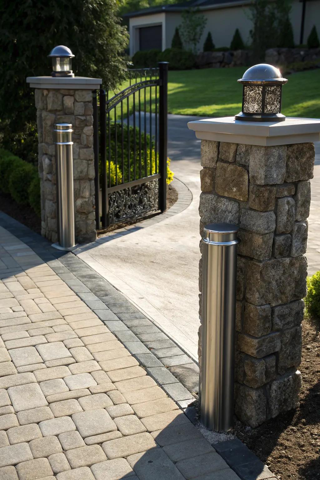 Mixed materials create visually dynamic pillars.