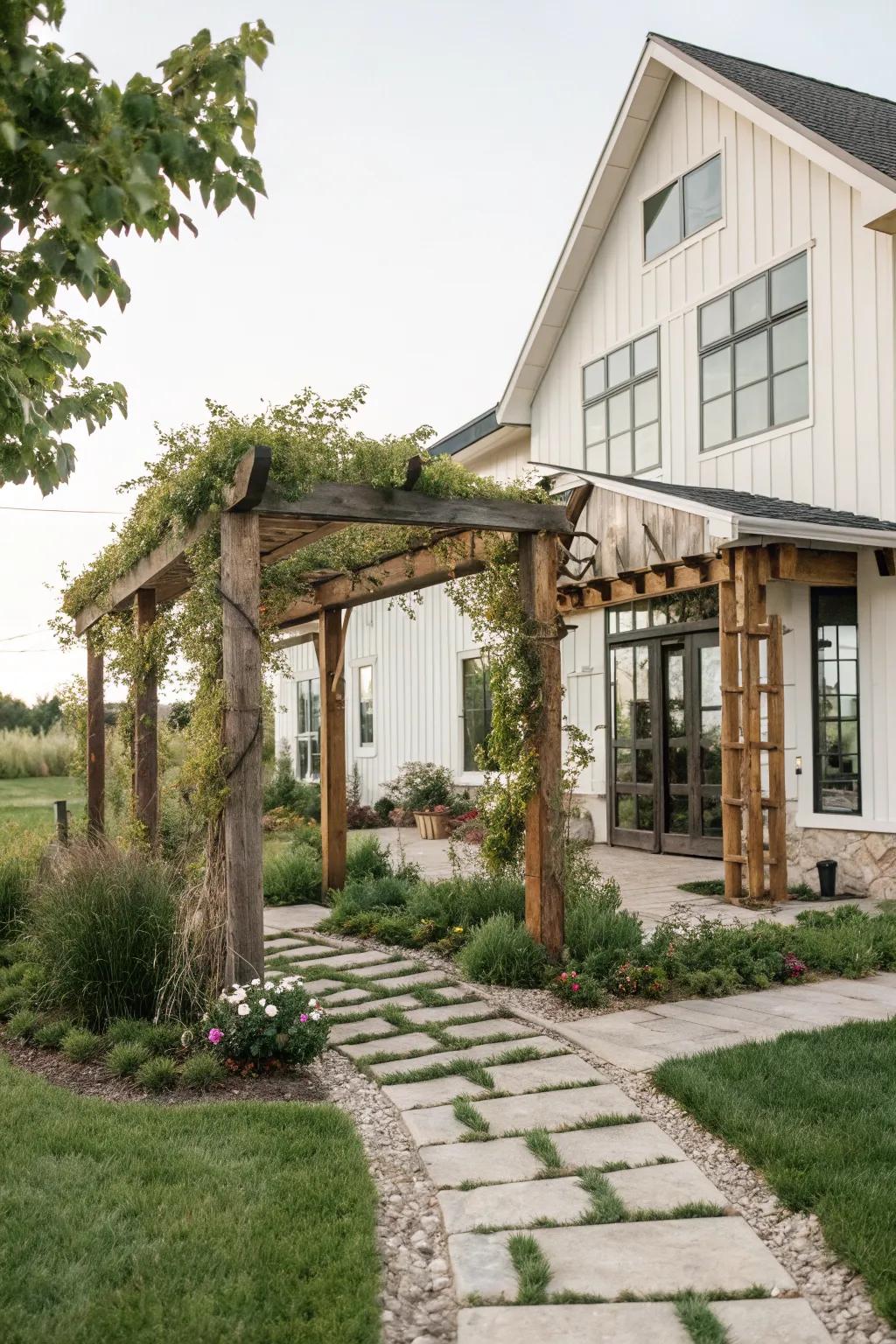 A rustic pergola provides both shade and style.