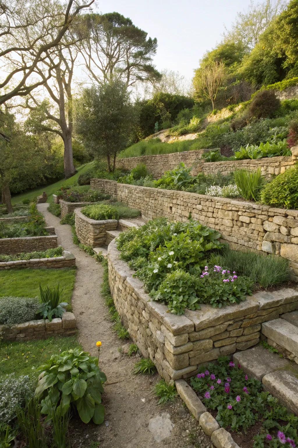 Stacked stone walls provide structure and elegance.