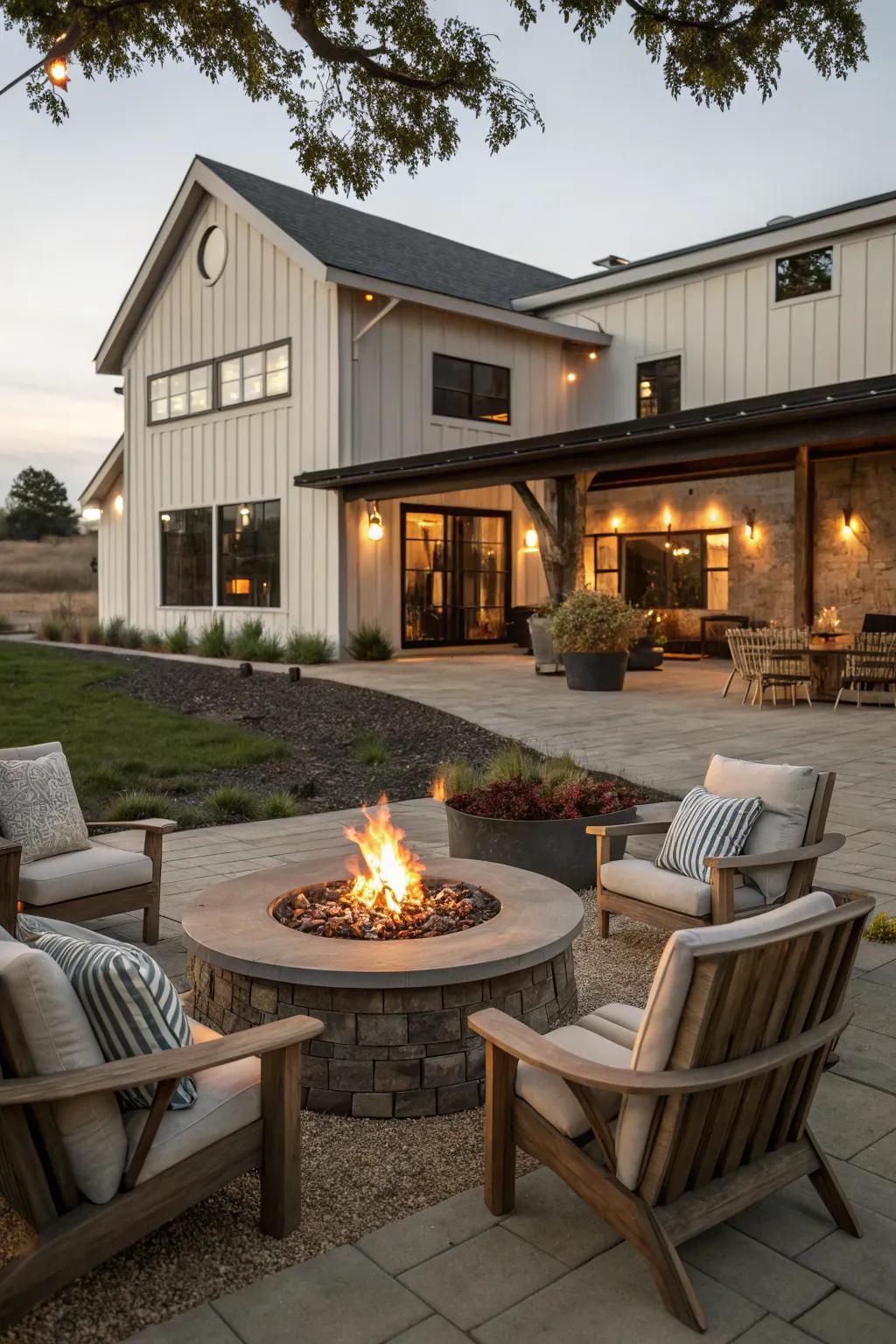 A glowing fire pit becomes the warm focal point of this outdoor seating area.