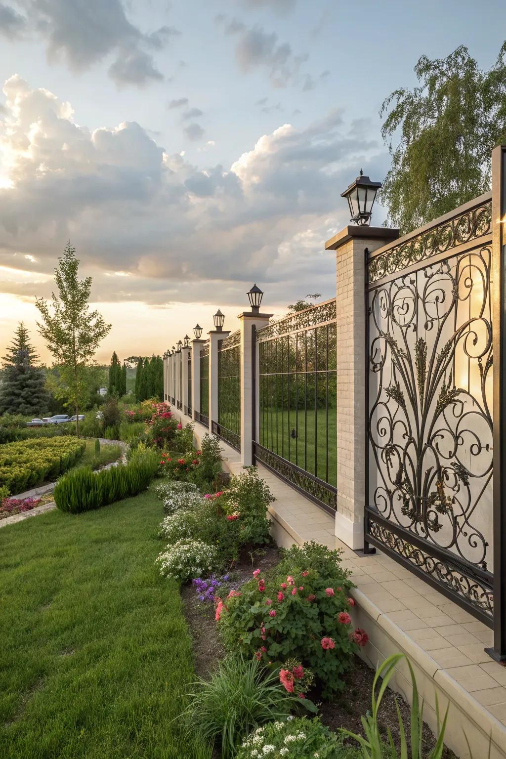 Artistic metal inserts add unique flair to any fence.