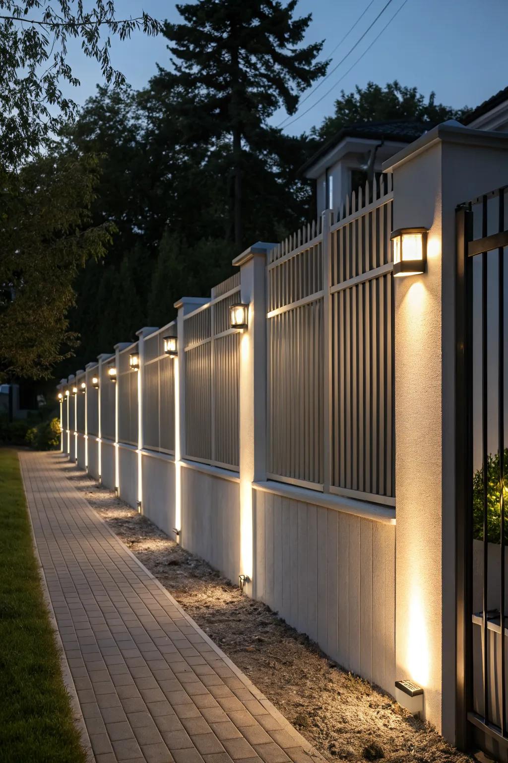 Up/down lights provide a layered effect on a sleek modern fence.